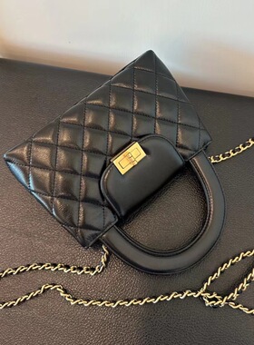 小香风Kelly油蜡进口牛皮23k菱格单肩斜挎手提链条包手柄包真皮包