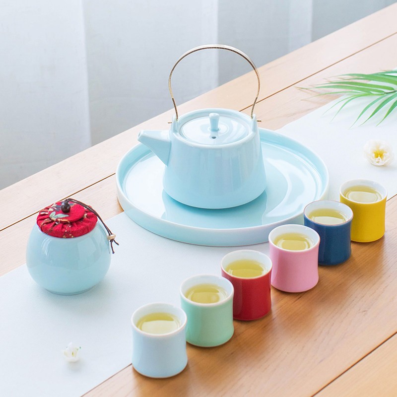 青瓷大号提梁壶茶杯功夫茶具套装简约家用酒店餐厅陶瓷泡茶壶组合