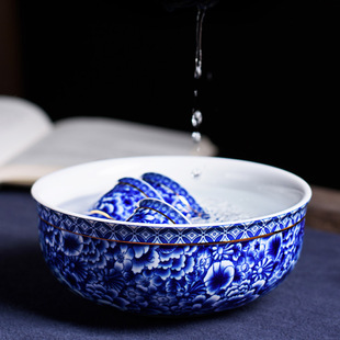 青花瓷大号茶洗杯洗 笔洗陶瓷茶具茶道配件水盂水洗废水缸