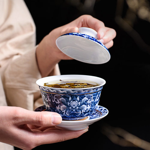 青花瓷盖碗茶杯大号功夫手抓壶