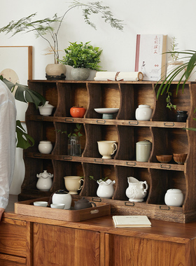 复古实木桌面置物架杯架做旧多宝阁收纳架展示架格子柜可挂墙整装