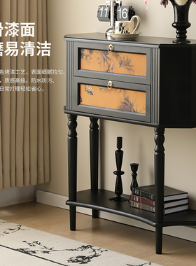 复古风玄关柜黑色实木抽屉储物柜中古风门厅柜鹿鸣玄关架置物架子