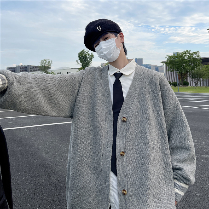 抖音复古日系慵懒V领针织衫外套男女宽松休闲毛衣MY2201p50,男装针织衫/毛衣,电商D315