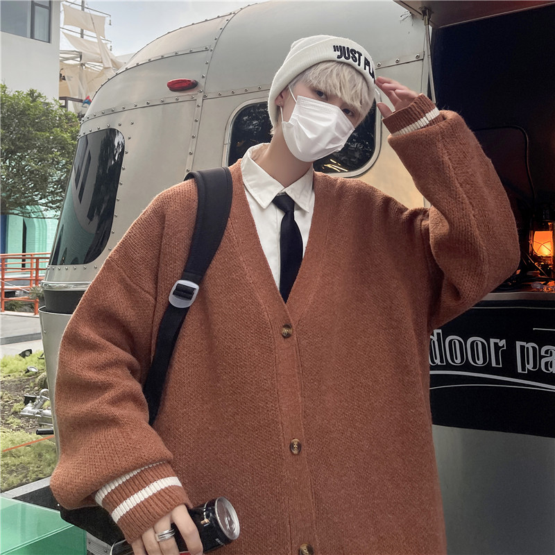 抖音复古日系慵懒V领针织衫外套男女宽松休闲毛衣MY2201p50,男装针织衫/毛衣,电商D315