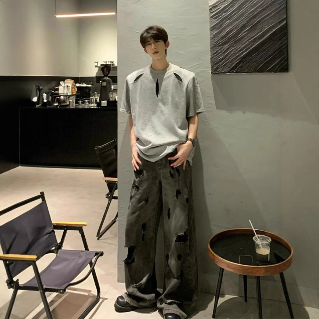 高级感重磅垫肩灰色短袖男款夏季美式痞帅衣服设计感小众男式t恤