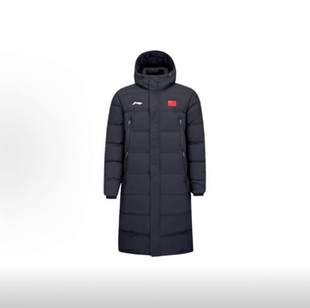 LiNing李宁 羽毛球系列印花g旗图案连帽长款羽绒服男女同款黑色