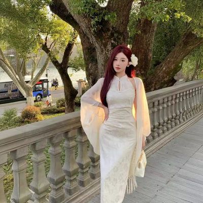 夏装新中式国风改良旗袍连衣裙气质裙子女装2025秋季新款白色长裙