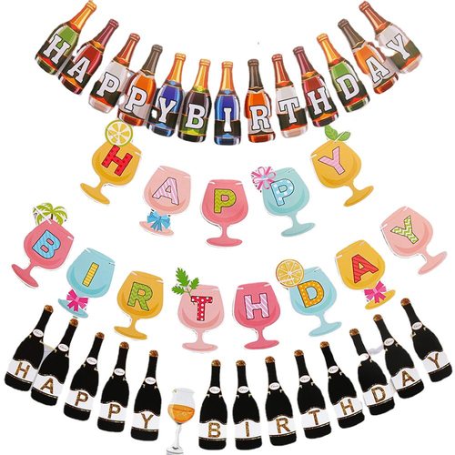 夏日生日快乐字母彩旗挂件派对装饰布置啤酒酒瓶酒杯香槟拉旗挂旗