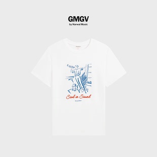 GMGV “Soul in Sound”复古手绘爵士插画印花凉感纯棉短袖t恤