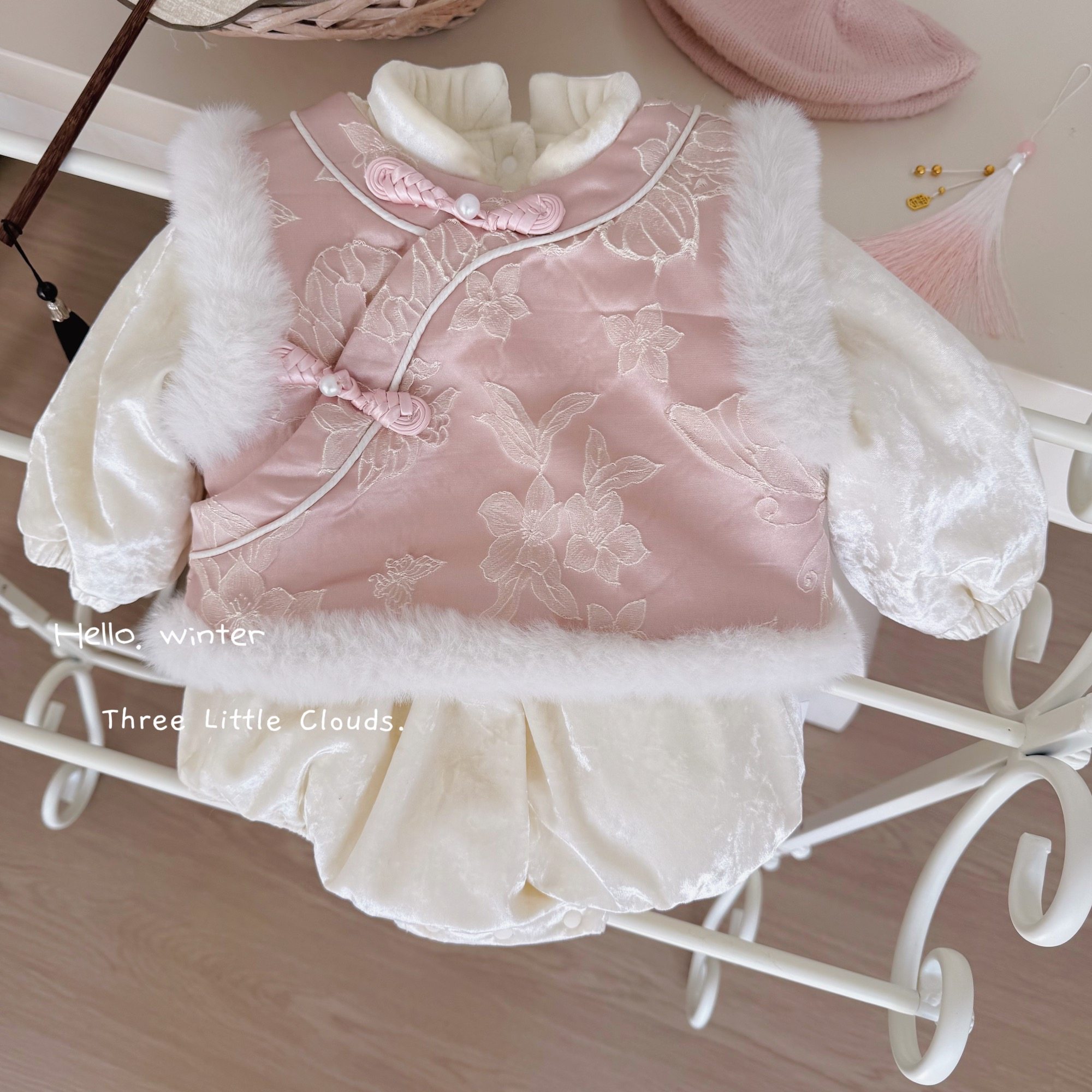 三小朵2934【桃花灼灼】女宝新年粉色加绒加厚可爱包屁哈衣套装新,童装/婴儿装/亲子装,套装,淘宝优惠券,粉丝福利购,淘宝优惠卷