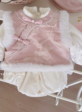 三小朵2934【桃花灼灼】女宝新年粉色加绒加厚可爱包屁哈衣套装新