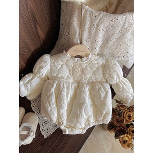 三小朵婴幼儿宝宝女童秋冬蕾丝棉纱加绒加棉加厚三角哈衣包屁衣