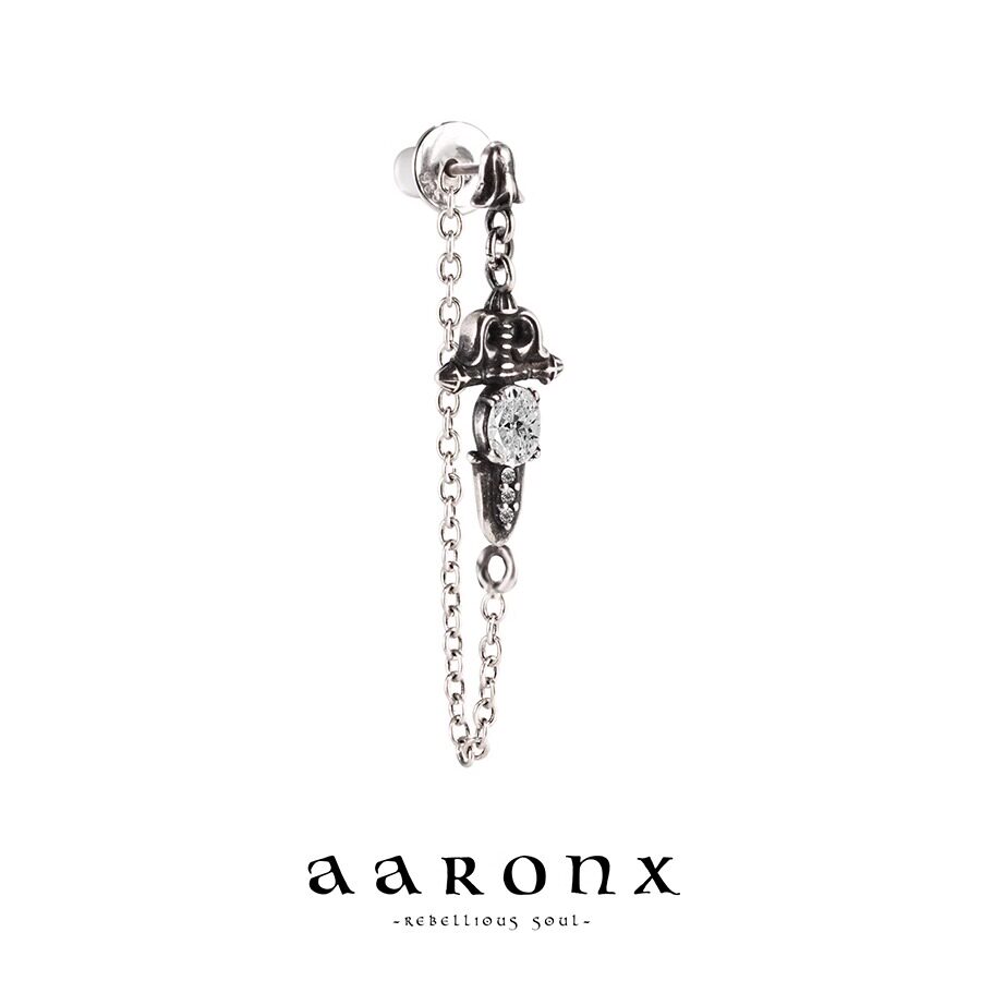 AARONX原创设计中世纪风宝剑造型锆石链条两戴925银做旧耳钉耳线