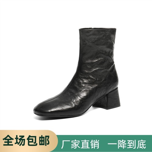 超软羊皮加绒时装靴2025冬季新款显瘦粗高跟防滑短靴子F2Q1DDZ5