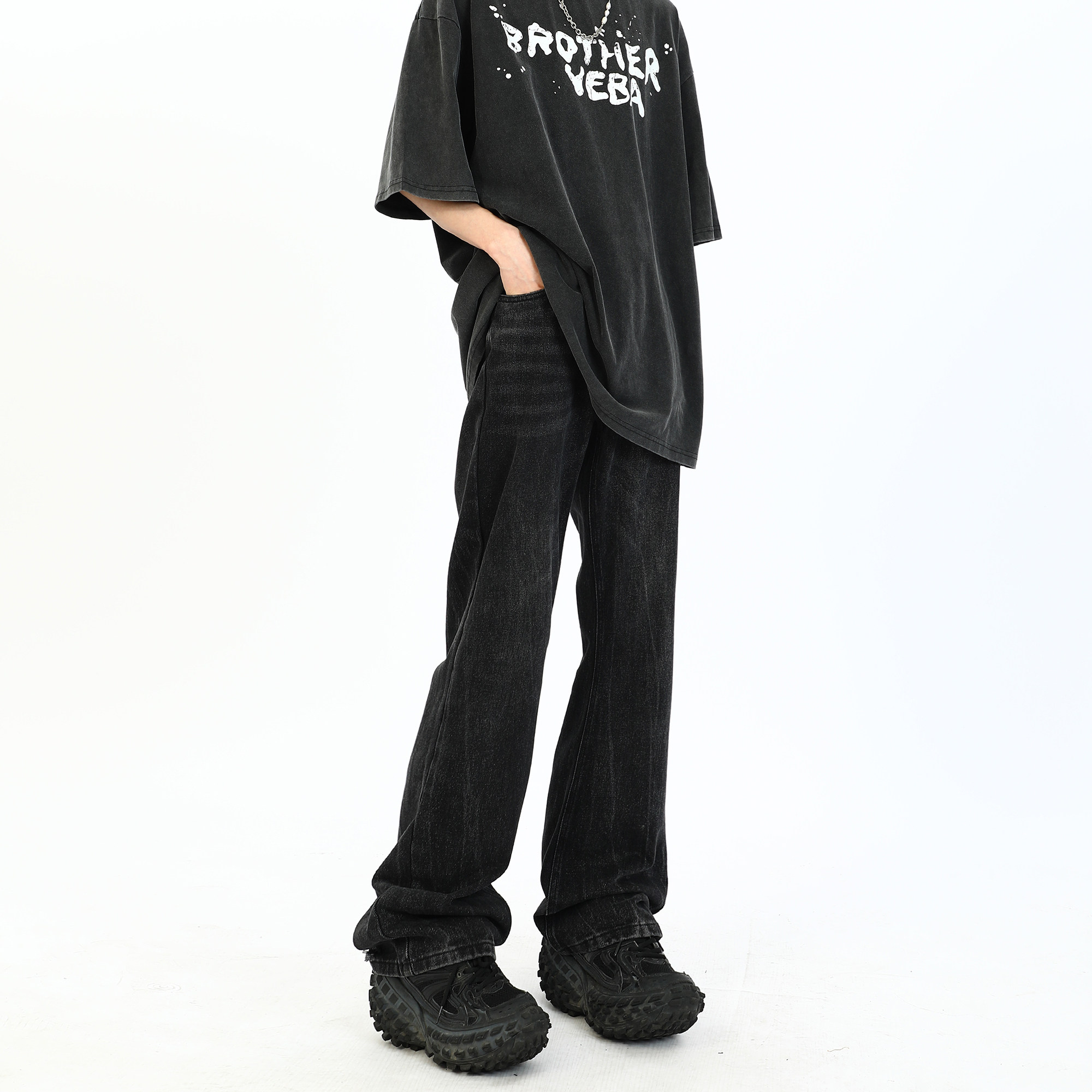 disobey 美式复古水洗做旧黑色破洞牛仔裤男宽松高街微喇叭裤子潮