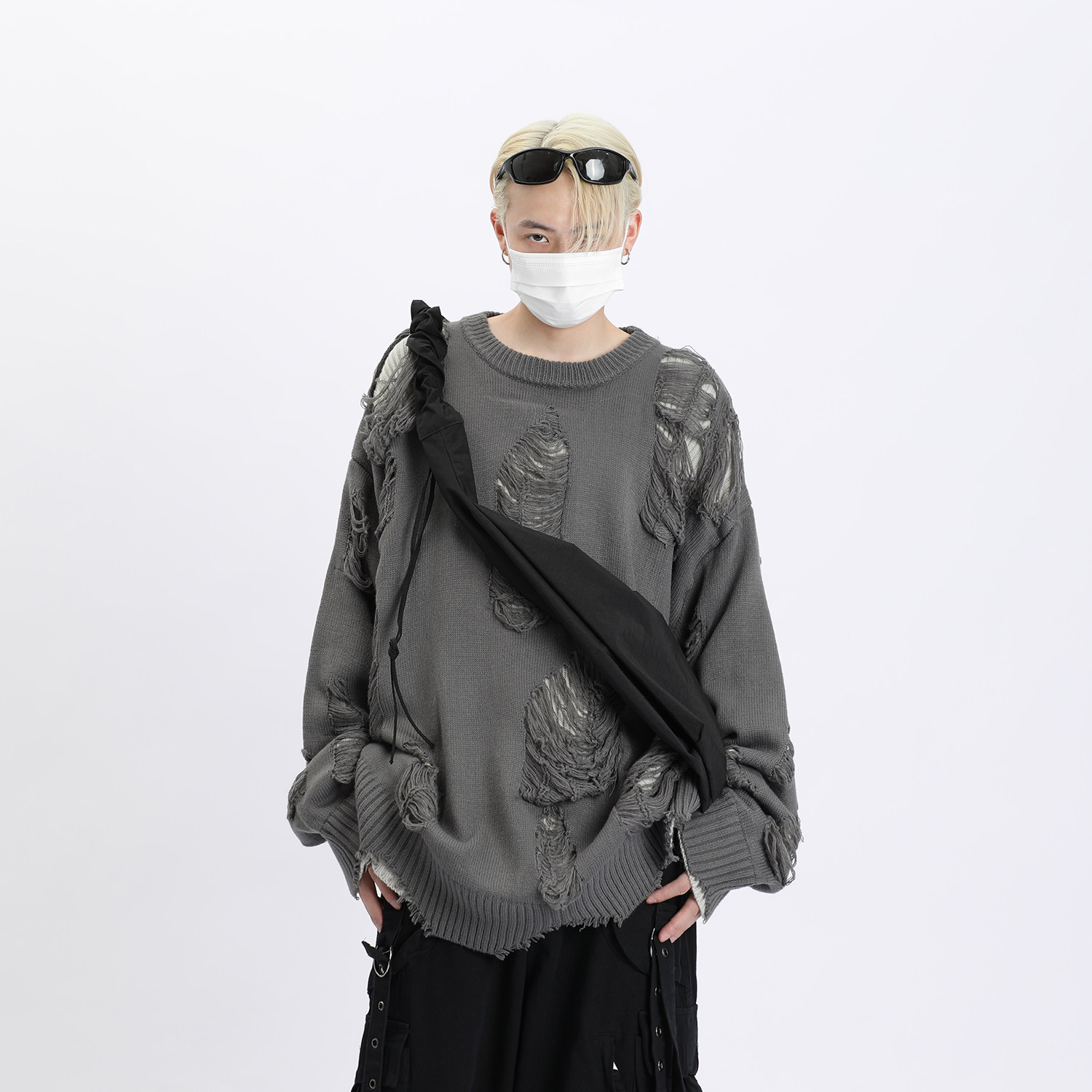 disobey欧美高街假两件镂空破洞毛衣男小众潮牌宽松慵懒风针织衫