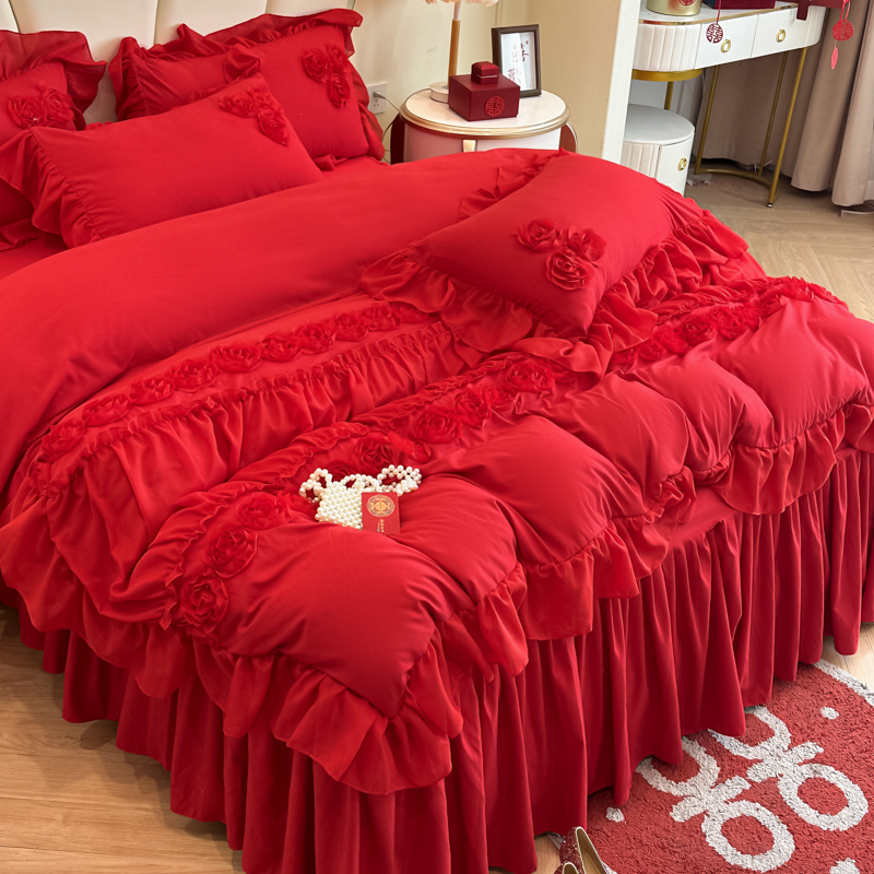 韩式蕾丝结婚床上用品大红色被套床单婚庆四件套公主风床裙床笠款