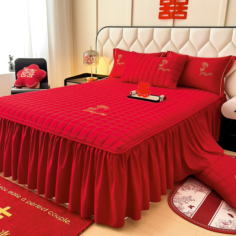 韩版大红色结婚床裙三件套婚庆婚房床罩枕套喜庆防滑夹棉床单床套