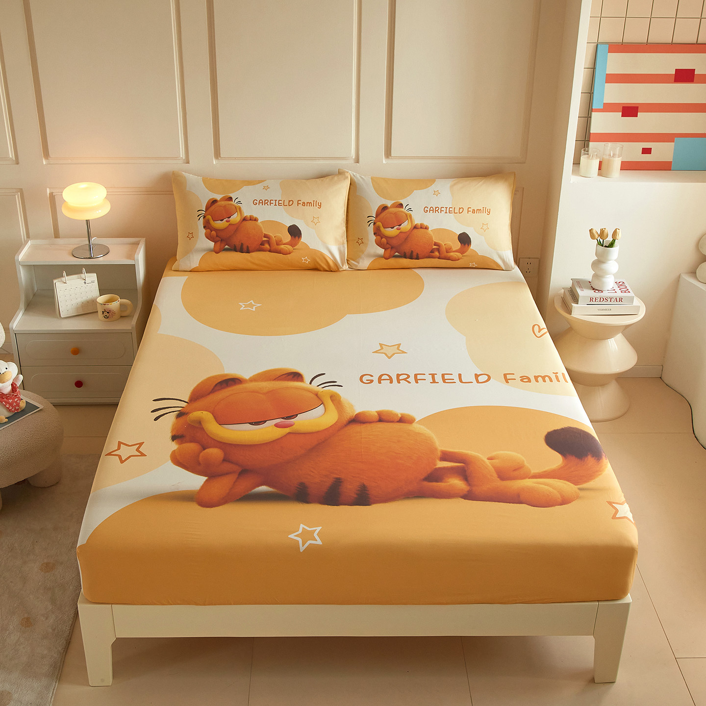 卡通加菲猫大版印花纯棉床笠单件男儿童房防滑床套易打理全棉床罩