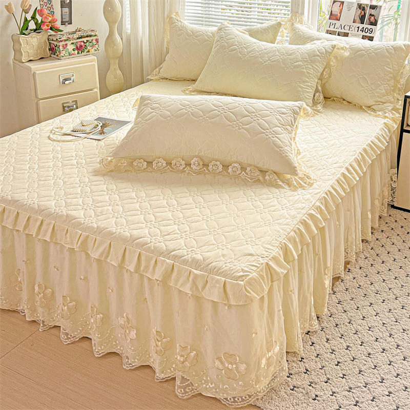 韩版蕾丝花边床裙单件公主风加厚夹棉床单三件套纯色床被罩四件套