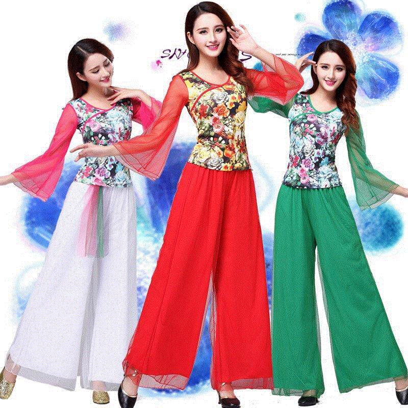 新款春英广场舞大红色印花长袖裤子秋季服装网纱裤民族风舞蹈套。