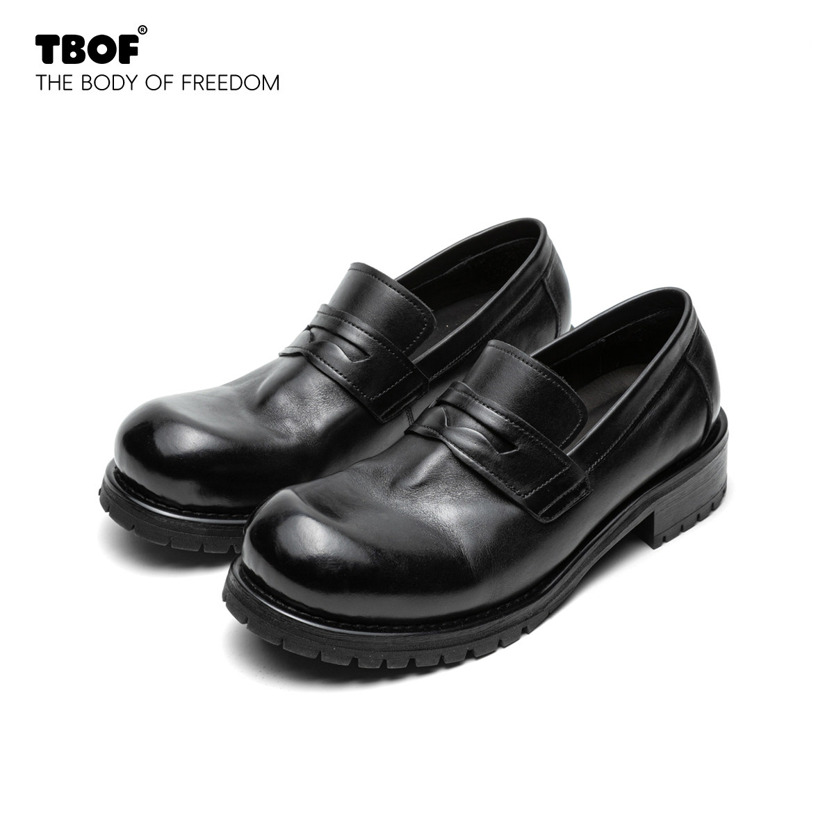 TBOF圆翘头马皮厚底增高乐福鞋