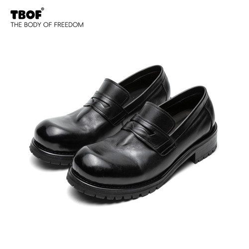 TBOF圆翘头马皮厚底增高乐福鞋