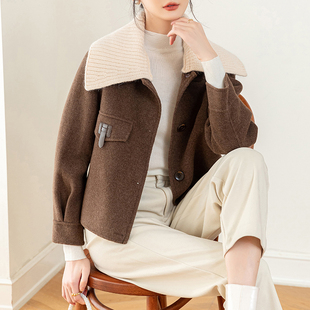 短款羊毛双面呢大衣女冬季新款毛领可拆卸通勤百搭咖色外套小个子