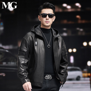 2025新款头层小牛皮外套男士真皮皮衣连帽短款宽松阔版机车皮夹克