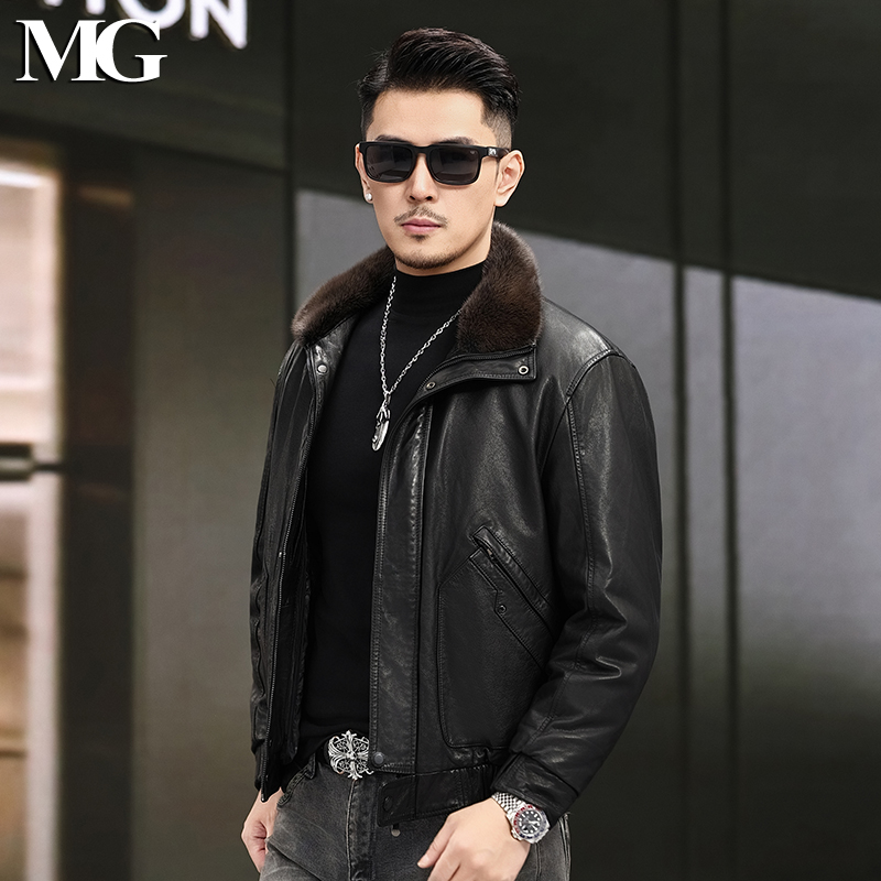 2025可拆卸鹅绒内胆真皮皮衣水貂毛领油蜡头层牛皮外套短款皮夹克