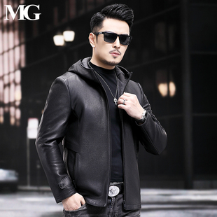 春秋款鹿纹山羊皮外套男士真皮皮衣连帽修身短款休闲海宁皮夹克