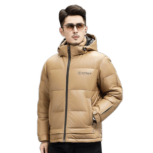 时尚加厚鹅绒带帽皮夹克男真皮皮衣羽绒服绵羊皮外套短款皮夹克潮