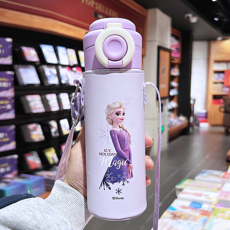 艾莎公主儿童保温杯316不锈钢女童吸管水杯紫色elsa双饮保冷杯子