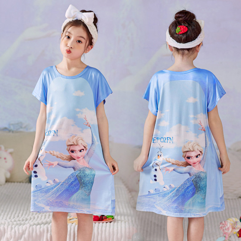 艾莎公主儿童短袖睡裙夏天薄款宝宝睡衣女童空调服elsa睡裙童装