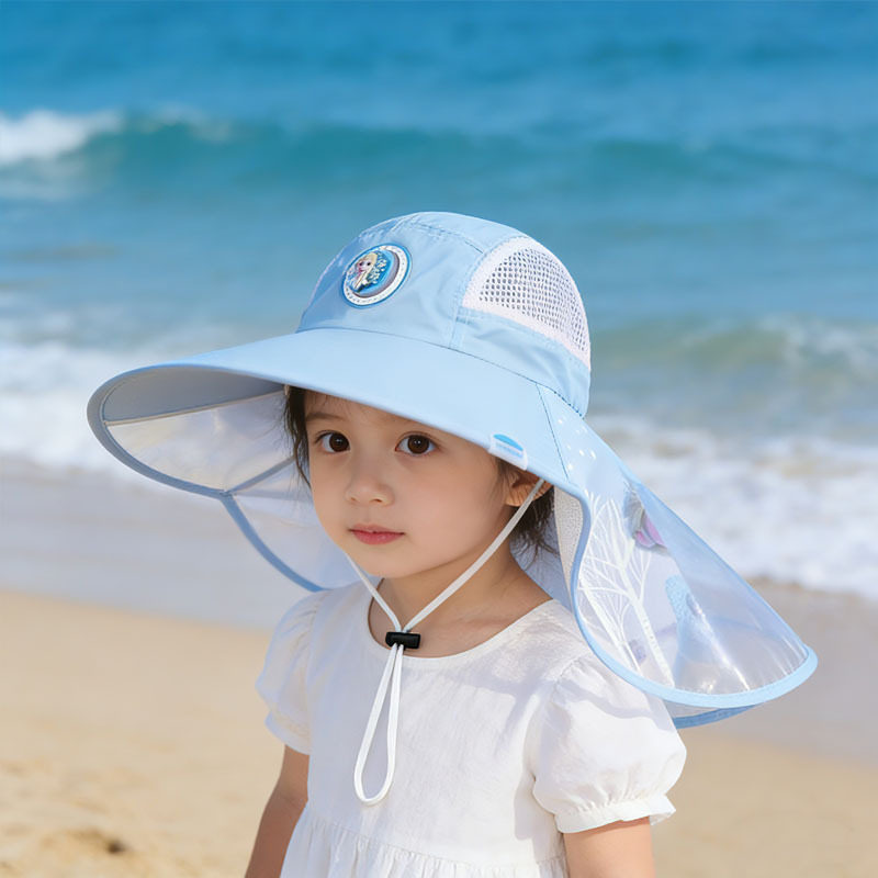艾莎公主儿童防晒帽子女童夏季大帽檐防紫外线遮阳帽elsa披肩帽