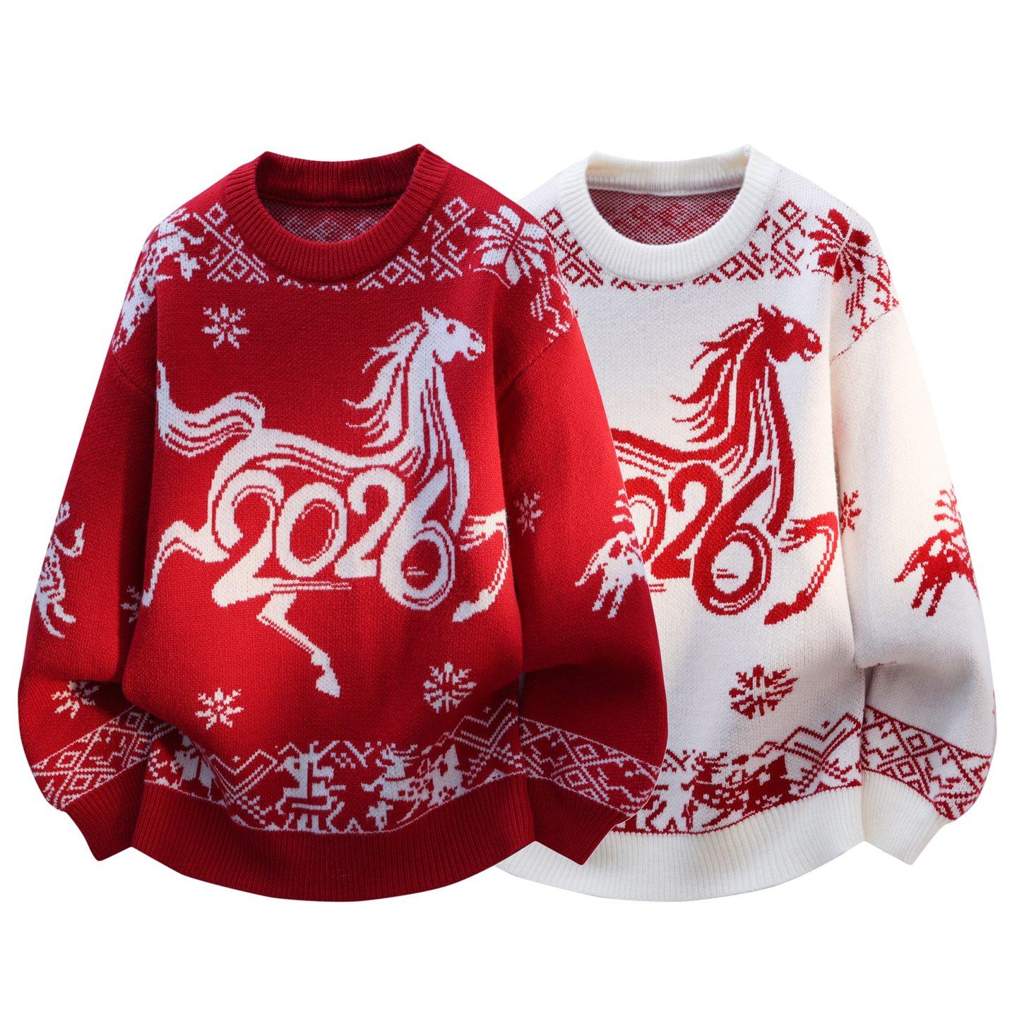 冬季加绒加厚毛衣13男孩14初中学生15岁青少年大童红色贺岁针织衫