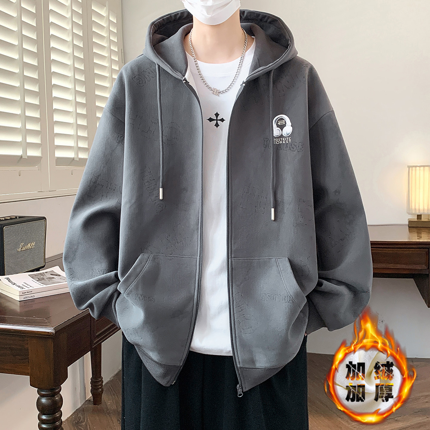 冬季青少年加绒加厚卫衣外套12男孩15岁初中学生13宽松运动棒球服