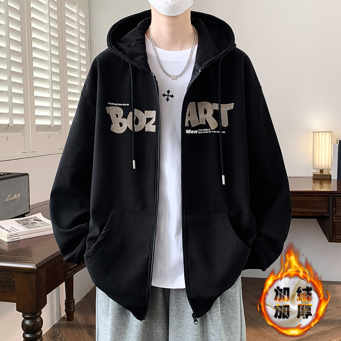 13岁男孩加绒加厚卫衣开衫12初中学生14大童16青少年连帽运动外套