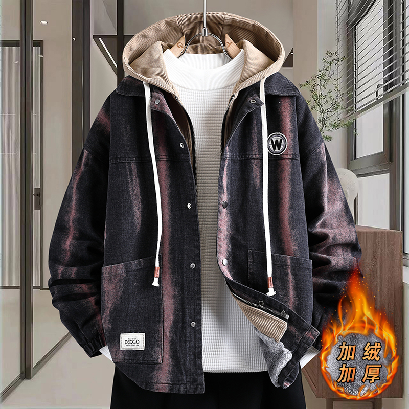 冬季加绒加厚牛仔外套男孩派克服