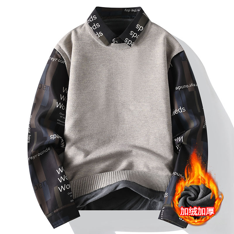 13青少年潮流加绒加厚毛衣男孩15岁学生14大童假两件衬衫领针织衫