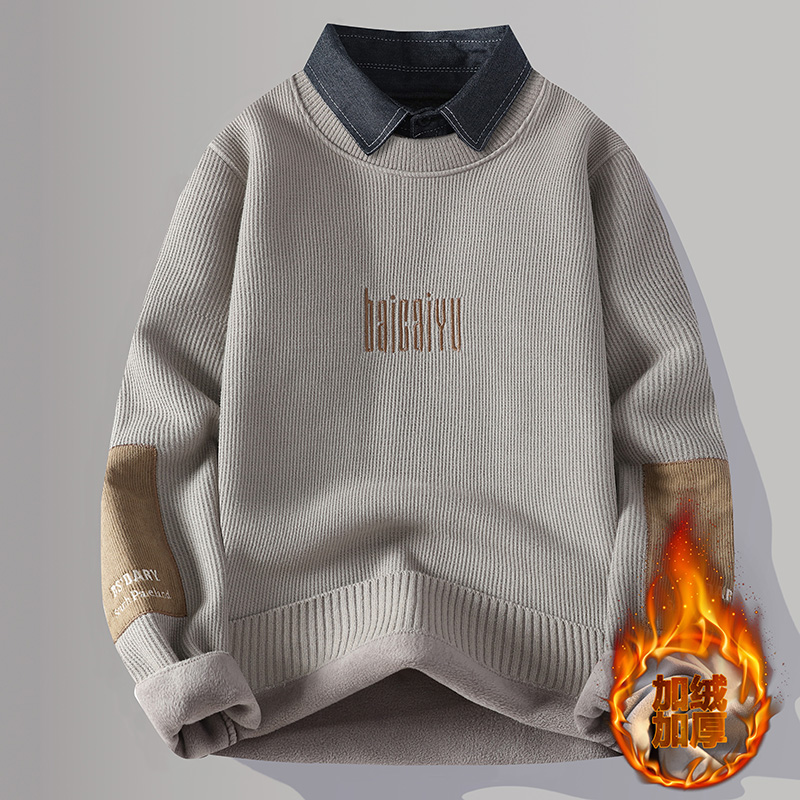 冬季衬衫领毛衣12岁男孩13初中学生16加绒加厚15大童一体绒针织衫