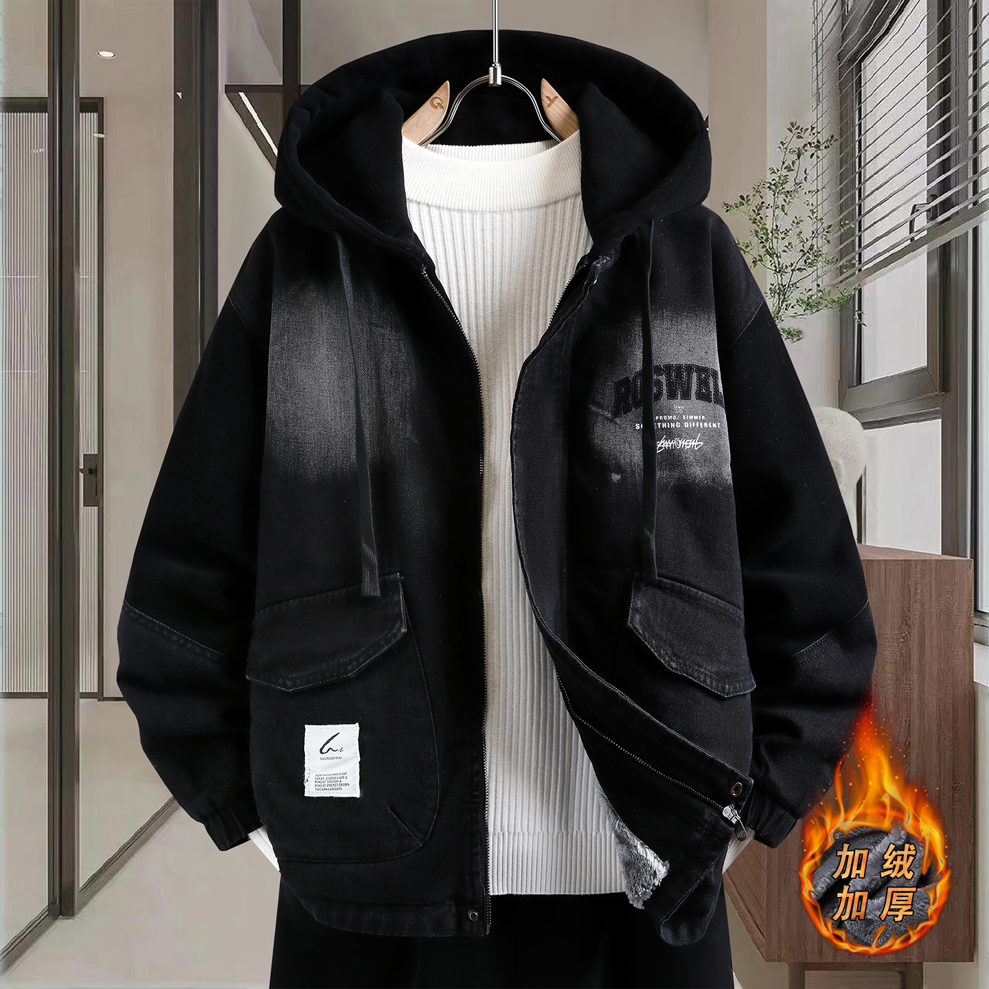 冬季潮流宽松14加绒加厚牛仔外套