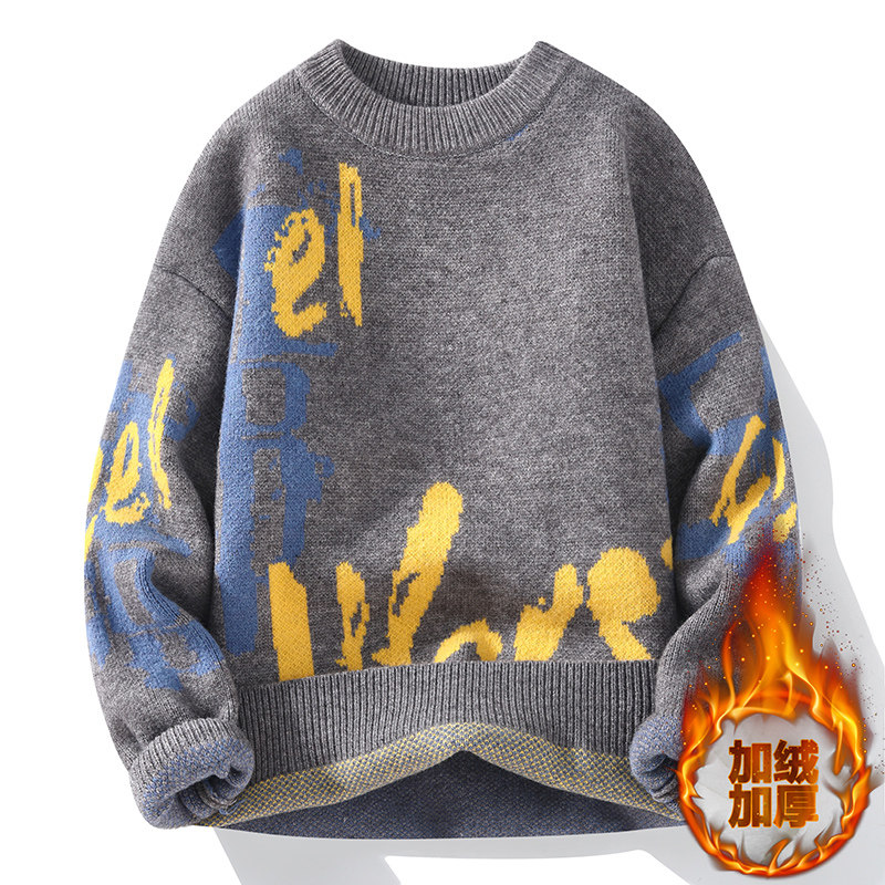 冬季加绒加厚毛衣12男孩15岁高中初中学生14青少年大童宽松针织衫