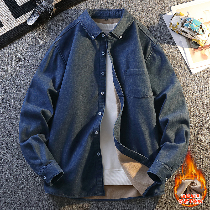 冬季加绒加厚牛仔衬衫男孩13初中学生15岁青少年大童牛子衬衣外套