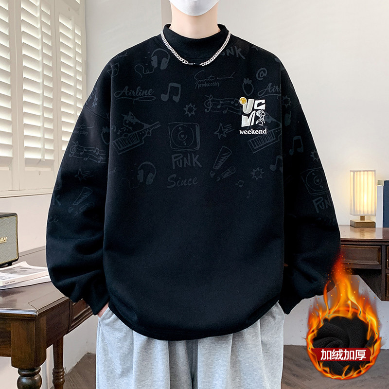 青少年冬季加绒加厚卫衣13岁男孩14中学生15大童帅气潮流长袖T恤