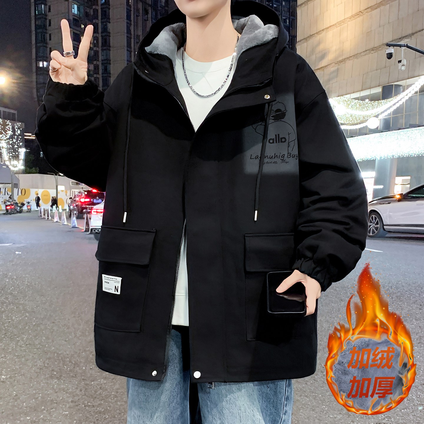 冬季加绒加厚牛仔外套牛子派克服