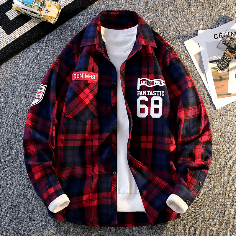 秋季纯棉格子长袖衬衫衬衣外套14