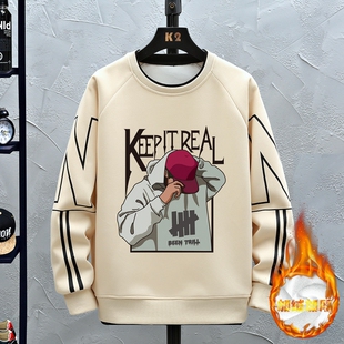 冬季潮牌卫衣12岁男孩13初中学生14大童加绒加厚圆领长袖T恤套装