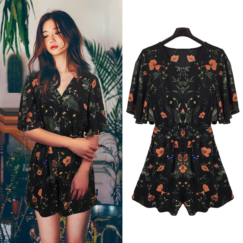 2018新款夏季大码女装胖mm雪纺印花沙滩阔腿短裤V领显瘦连体裤裙在类目 女装/女士精品, 裤子, 休闲裤中 - 来自Buy2taobao.com提供专业的淘宝代购服务