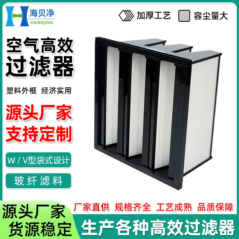 袋式W型高效过滤器V型组合式空气净化过滤网法兰框玻纤高效过滤器